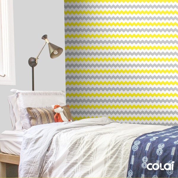 Papel De Parede Lavável Chevron Cinzas E Amarelas 15m