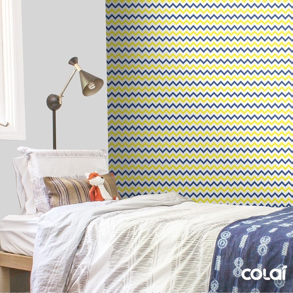 Papel De Parede Lavável Chevrons  Azuis E Amarelas 18m