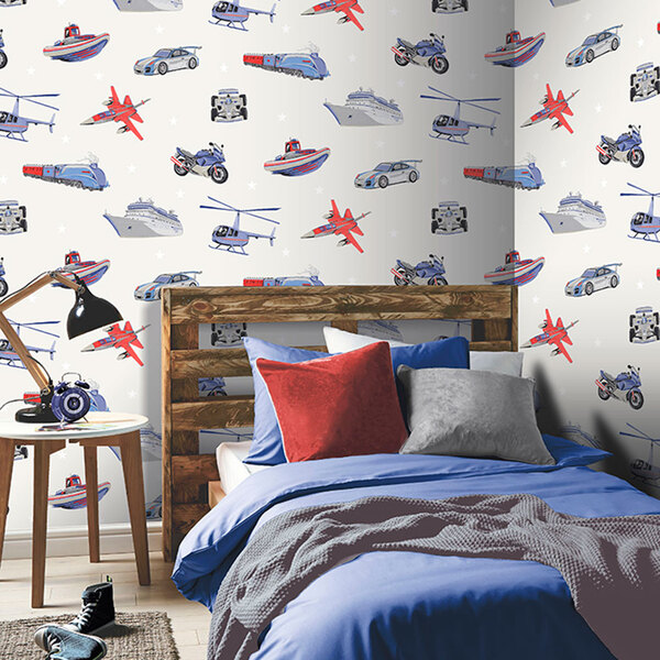 Papel De Parede Lavável Estampa de Navio Helicóptero Carros Q