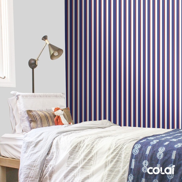 Papel De Parede Lavável Listrado Azul E Vermelho 18m