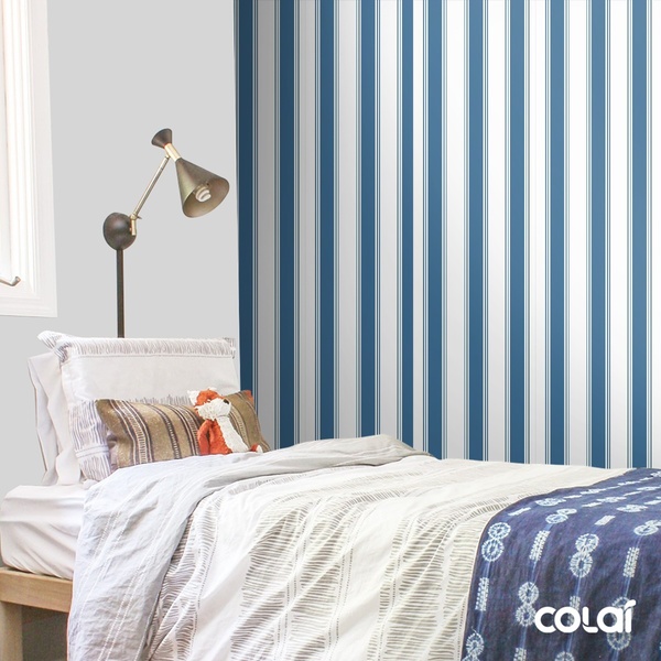 Papel De Parede Lavável Listrado Branco Com Azul 12m