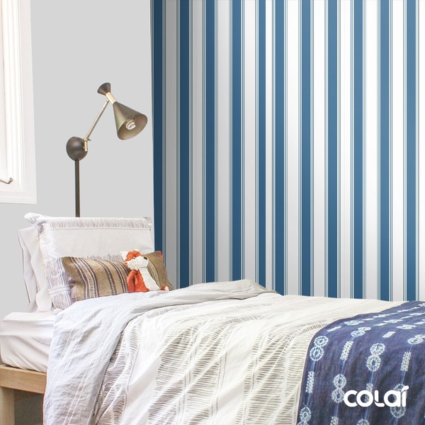 Papel De Parede Lavável Listrado Branco Com Azul 18m