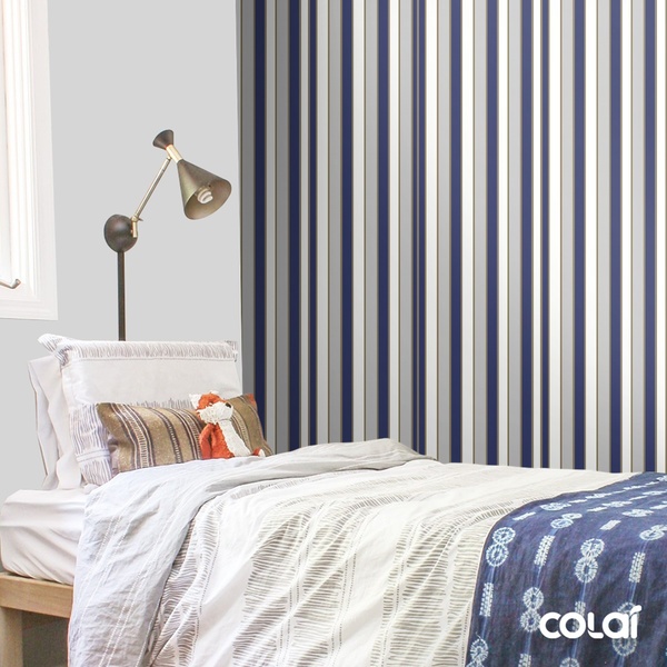 Papel De Parede Lavável Listrado Dourado E Azul 9m