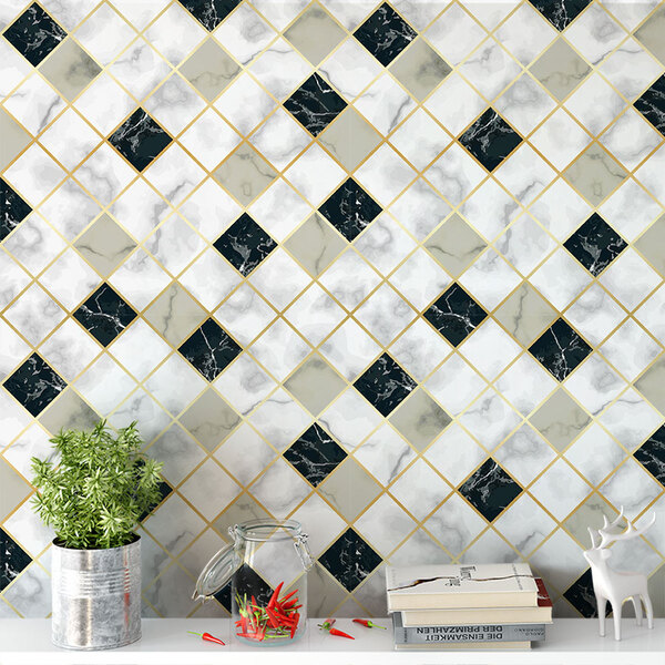 Papel De Parede Lavável Mármore Pedra Preta E Branca Azulejo