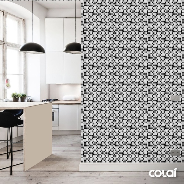 Papel De Parede Lavável Pastilhas Chumbo E Preto 12m