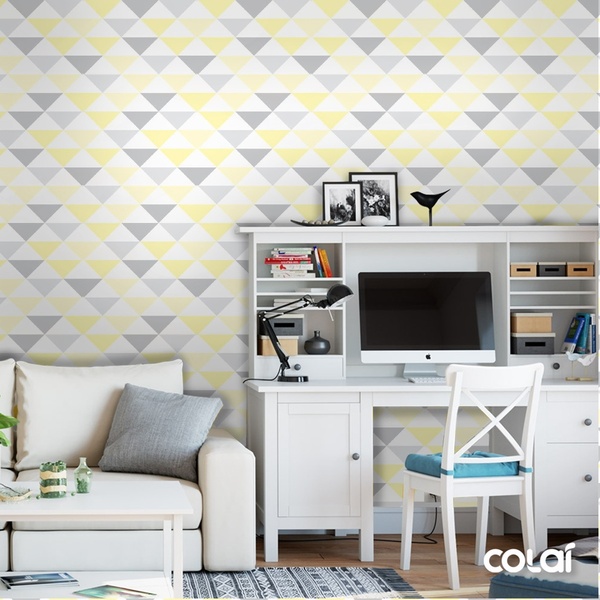 Papel De Parede Lavável Triângulos Cinzas E Amarelos 12m