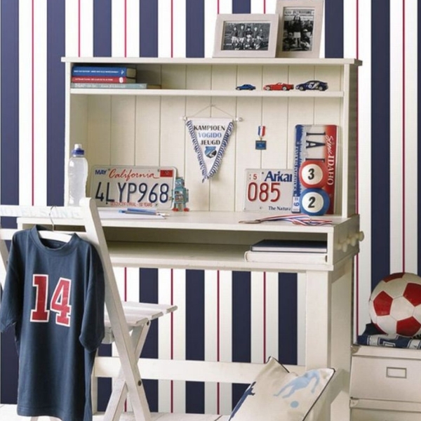 Papel De Parede Listrado Azul Escuro, Branco e Vermelho 4m²