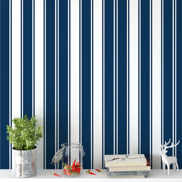Papel De Parede Listrado Cores Azul Marinho E Branco 10,0m