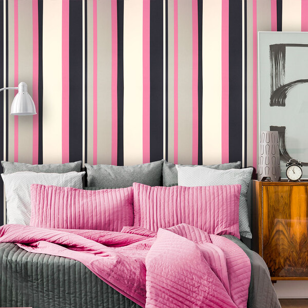 Papel De Parede Listrado Rosa E Cinza