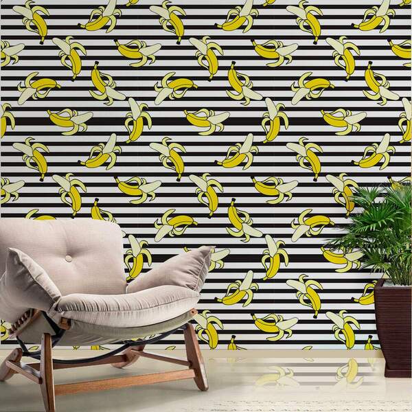 Papel De Parede Listras Pretas E Bananas-60x300cm