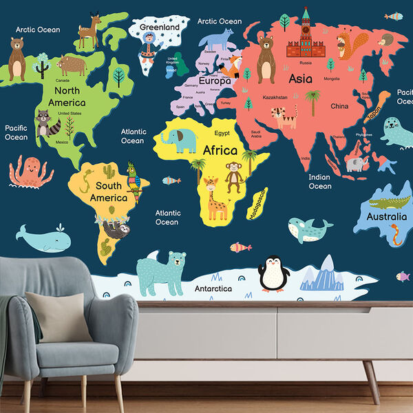 Papel De Parede Mapa Mundi Infantil Animais Sala Painel - 477