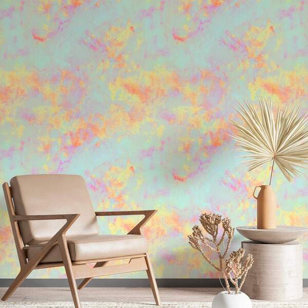 Papel De Parede Mármore Azul Claro, Amarelo E Rosa-60x300cm