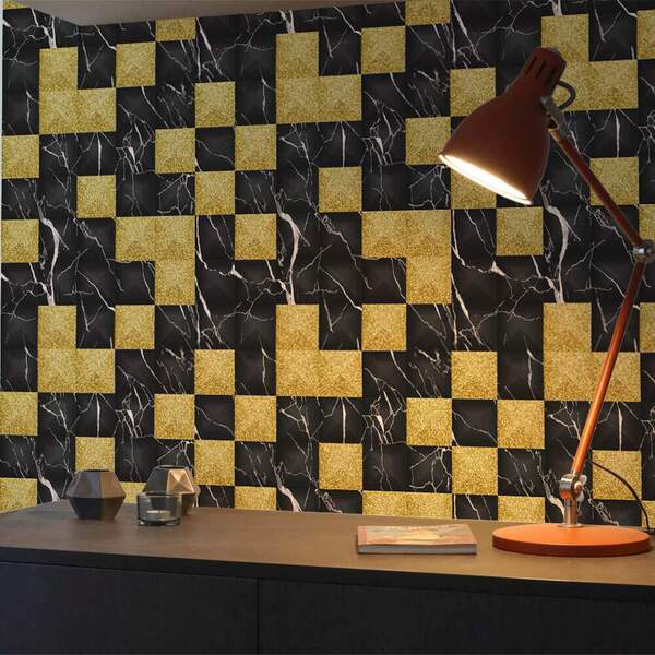 Papel De Parede Mármore Geométrico Preto Com Dourado-60x300