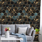 Papel De Parede Mármore Hexágono Com Folhas Douradas-60x300