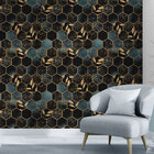 Papel De Parede Mármore Hexágono Com Folhas Douradas-60x300