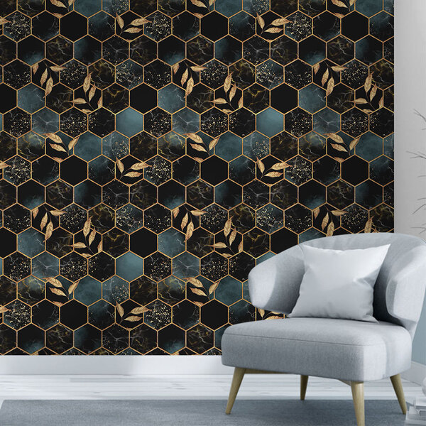 Papel De Parede Mármore Hexágono Com Folhas Douradas-60x300