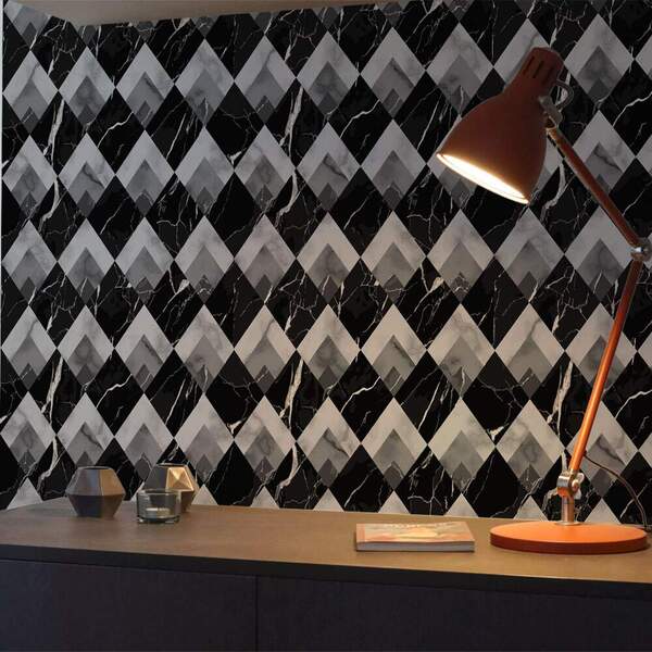 Papel De Parede Mármore Preto E Branco Geométrico-60x300cm