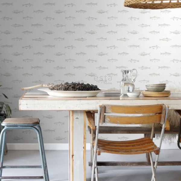 Papel De Parede Nonwoven Branco Estampa de Peixes Quarto 4m²
