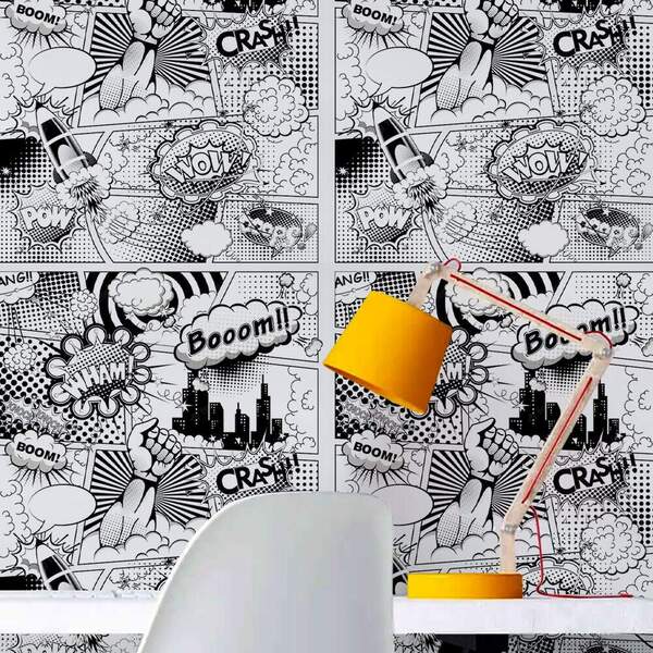 Papel De Parede Pop Art Quadrinhos Petro E Branco-60x300cm