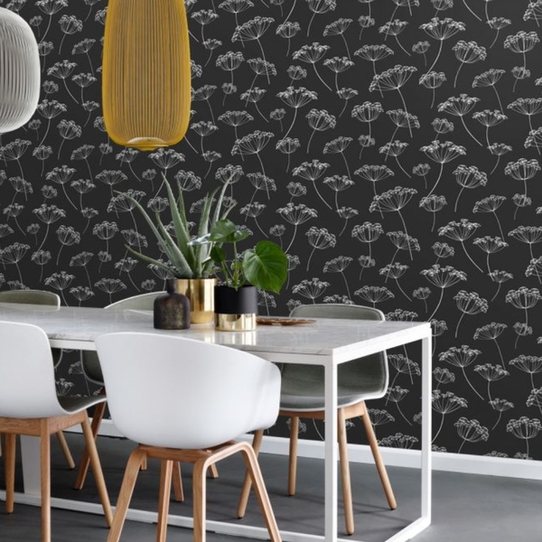 Papel De Parede Preto E Branco Estampado Flores Escandinavo 4