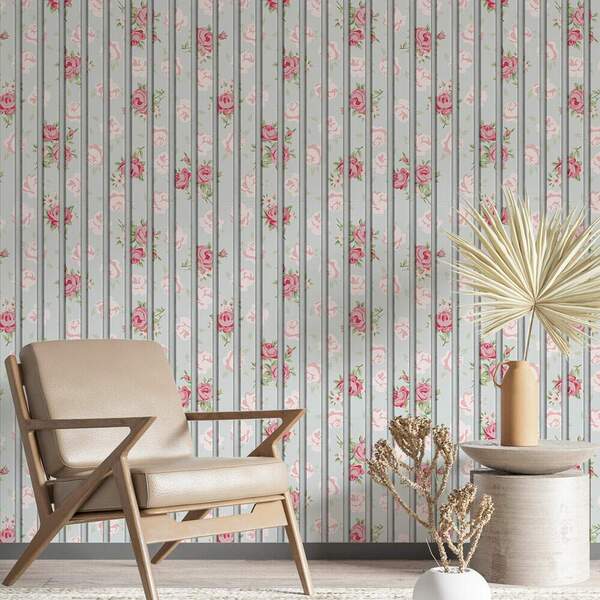 Papel De Parede Ripado Azul Florido-60x300cm
