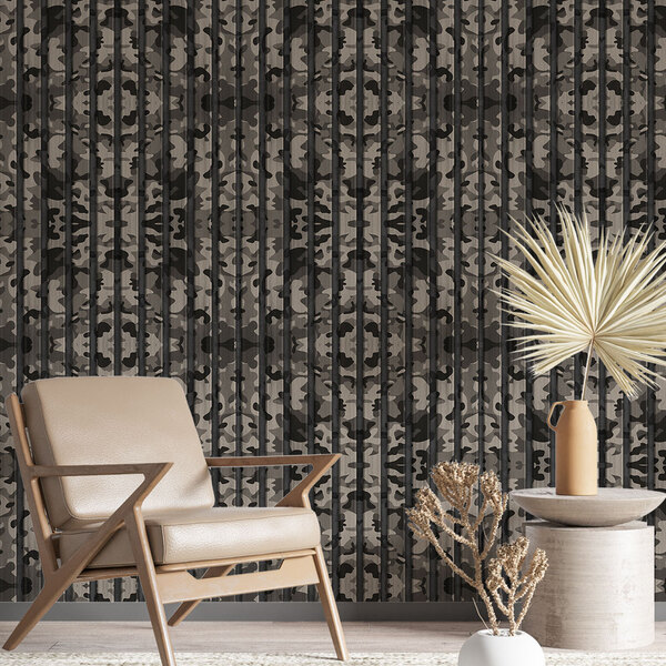 Papel De Parede Ripado Camuflado Tons De Cinza-60x300cm