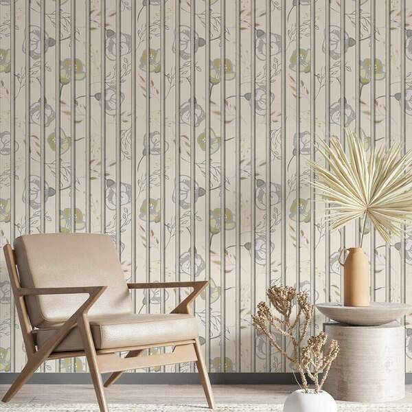 Papel De Parede Ripado Floral Abstrato Na Madeira-60x300cm