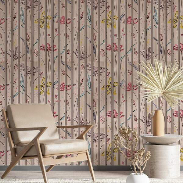 Papel De Parede Ripado Madeira Clara Floral-60x300cm
