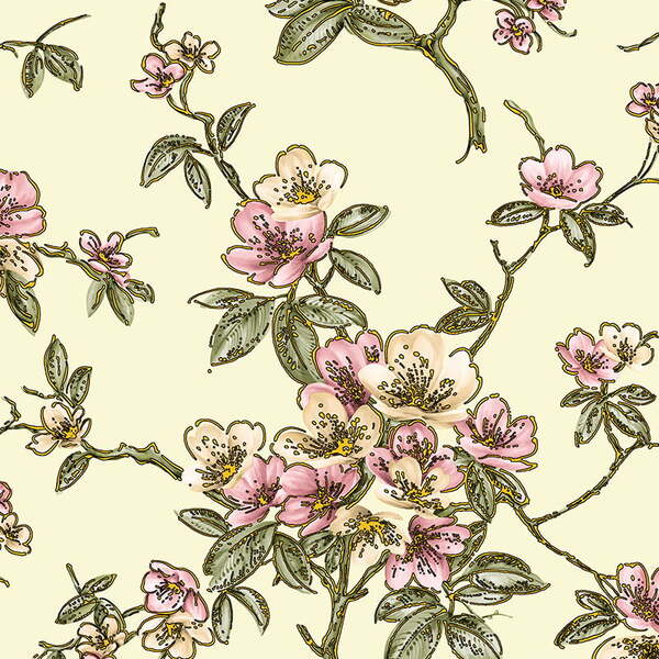 Papel De Parede Seven Florido Rosa Com Fundo Bege