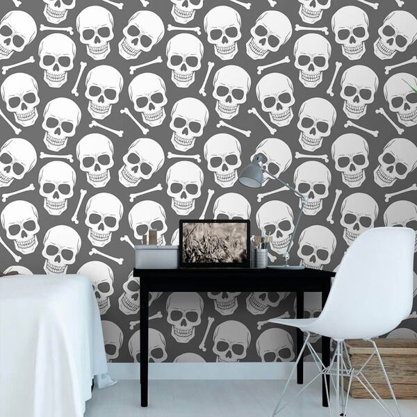 Papel De Parede Skull Gray - 0 50 X 2 50 Metros