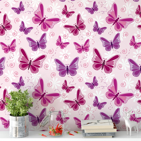 Papel De Parede Teen Com Borboletas Roxas E Rosas 3,50m