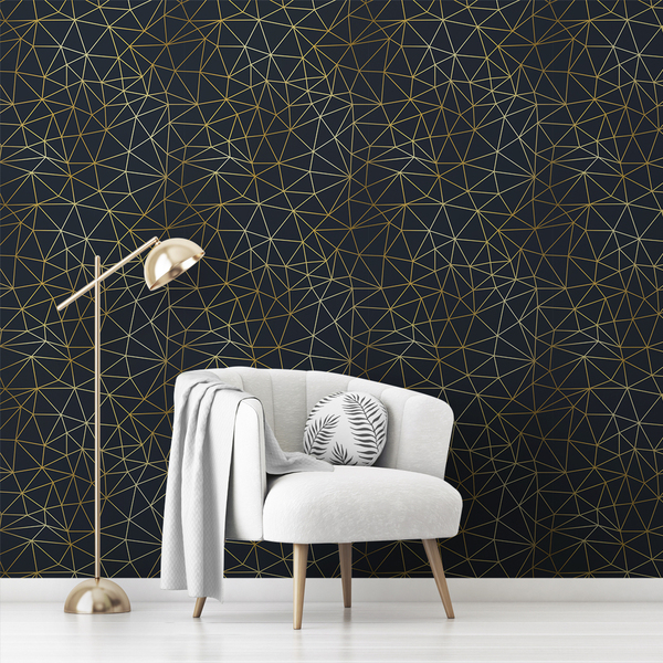 Papel De Parede Vinilico Liso Azul Oxford Linhas Gold 15m