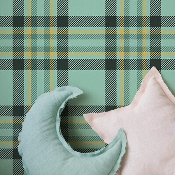 Papel De Parede Xadrez Verde Com Detalhes Amarelos-60x300cm