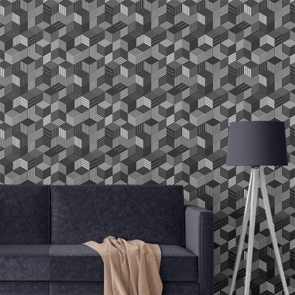Papel Parede Adesivo Geométrico Cubos Listra Preto Lavável