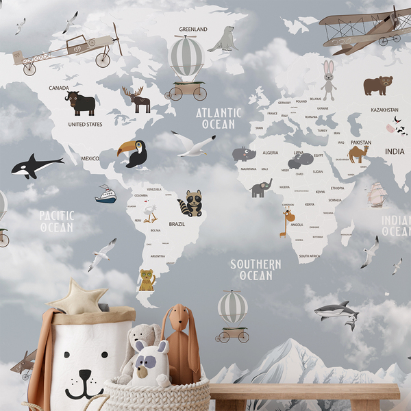 Papel Parede Adesivo Personalizado Mapa Mundi Safari Infanti