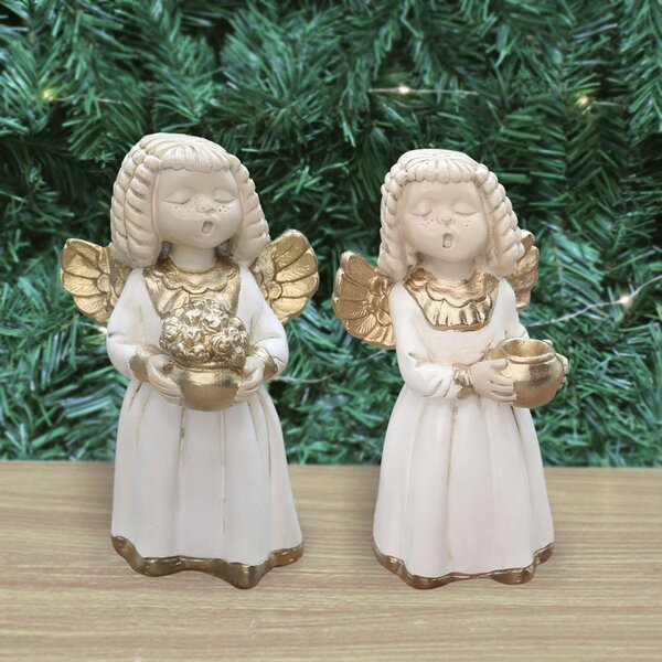 Par De Anjos De Gesso Branco Com Dourado Estátua Decorativa