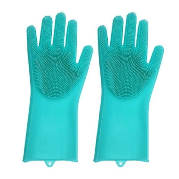 Par De Luvas Com Esponja Silicone Lava Louças Multiuso Azul