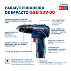 Parafusadeira Furadeira Bosch GSB 12V-30 Brushless 12V 2 Baterias + Maleta