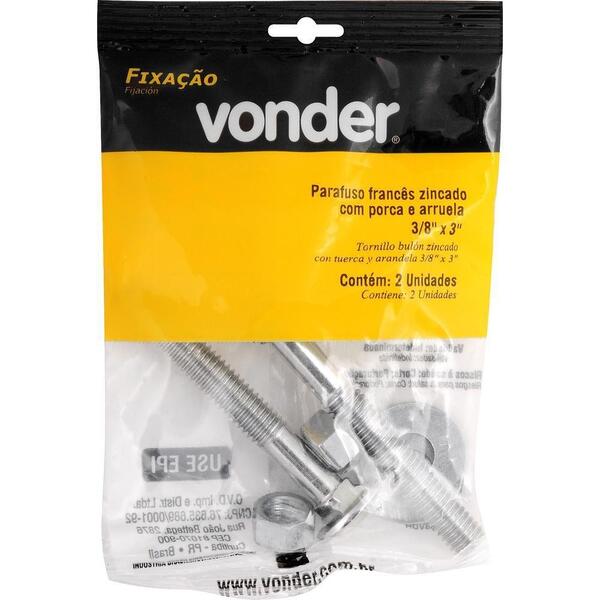 Parafuso Francês 3/8'x3'' Com Porca E Arruela 2 Peças Vonder