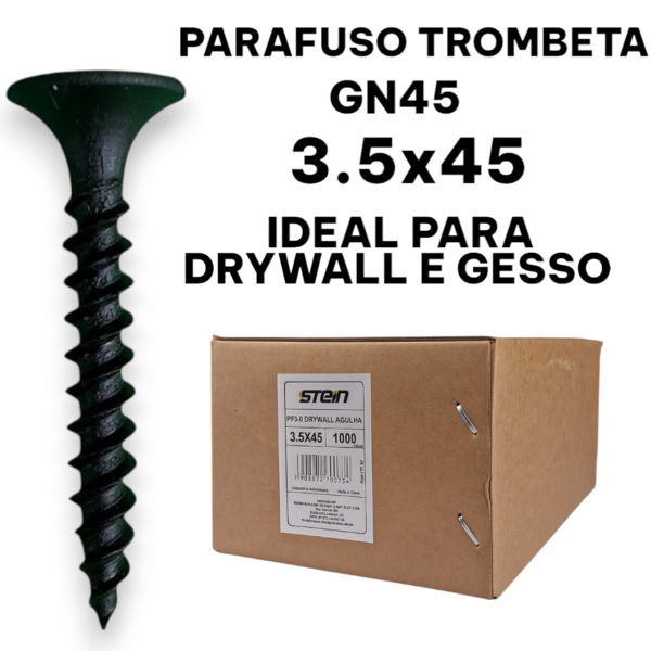 Parafuso Trombeta Agulha Drywall Gesso 1000pçs - Gn45 3,5x45mm