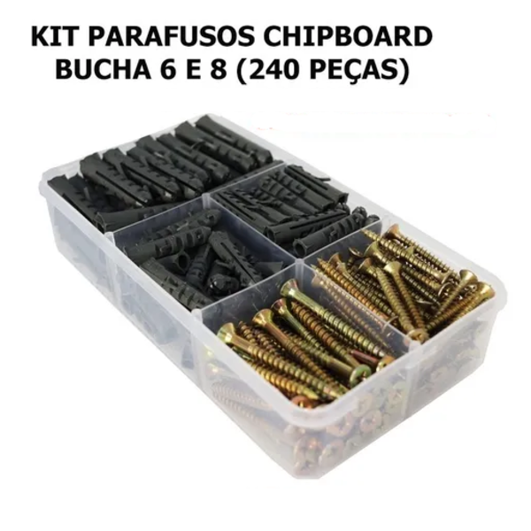 Parafusos Com Buchas 6 E 8 Kit 240 Peças + Caixa Organizador