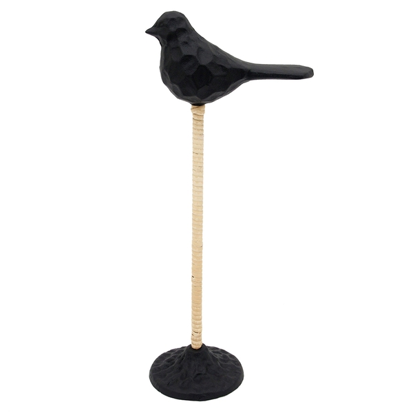 Passaro Decorativo De Metal Preto E Base De Rattan 17 5cm X