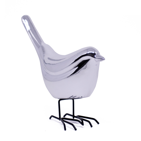 Pássaro Em Cerâmica Decorativo Prata 15x18x7 Cm - Indo Decorar