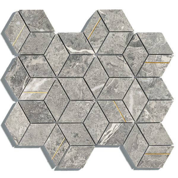 Pastilhas De Pedra Cubo (mármore Ocean Grey E Dourado)