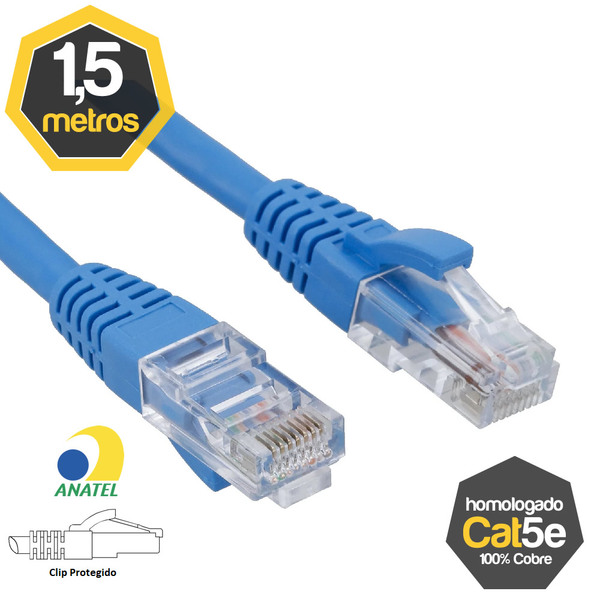 Patch Cord Cat5e 100% Cobre Azul 1,50 Metros