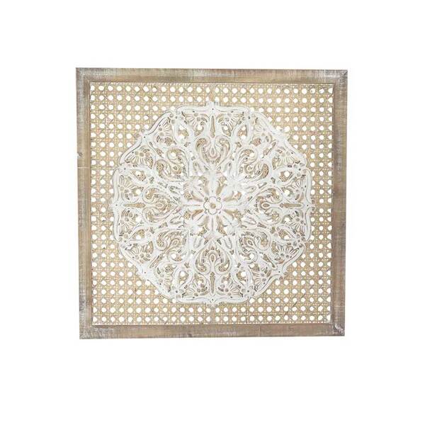Peça Decorativa Adorno De Parede De Madeira E Rattan Branco 7