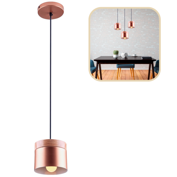 Pedente Luminária Redondo Branco e Cobre Com Detalhe Madeira