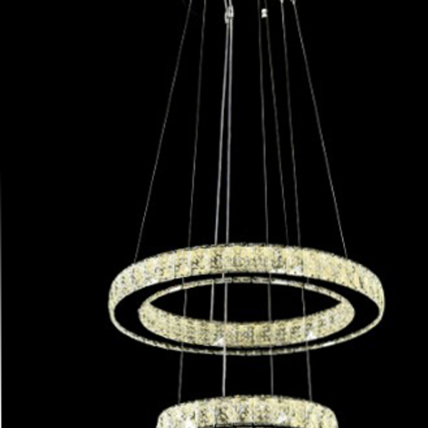 Pendente 2 Anéis Cristais Cromado 48cm Led 60w 3 Em 1 Bivolt