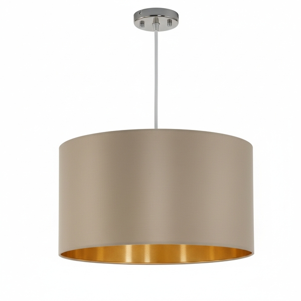 Pendente Aço Níquel Acetinado Tecido Castanho Dourado. 1 X E27