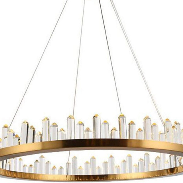 Pendente Anel Dourado Com Cristais 60cm Led 60w 3 Em 1 Bivolt
